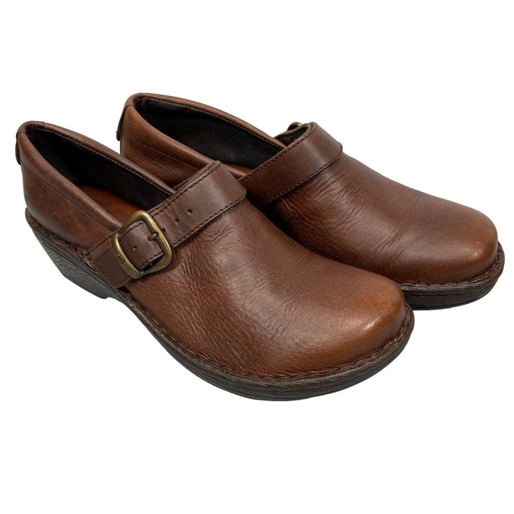 Born Clogs Shoes Buckle Harness Slip On Leather Brown Wedge Heel Womens 11